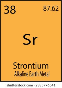 Strontium on periodic table of the elements. Alkaline earth metal and chemical element with atomic number 38 and symbol Sr, named after the Scottish village Strontian.