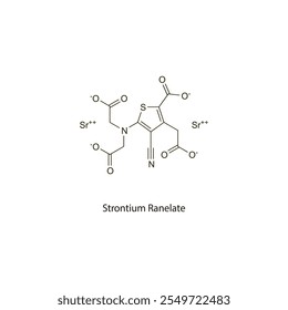 Strontium Ranelate flache skelettartige Molekülstruktur Zweiwirkendes Knochenagens, das in der Osteoporosebehandlung verwendet wird. Wissenschaftliches Vektorgrafik.