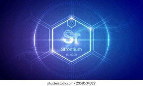 Strontium (Sr) (038) Alkaline Erath Metal - Fundamental Element Futuristic Neon Light Glow Hexagon Block Grid Background Design - Periodic Table, Chemical Symbol, Name, Atomic Mass, Atomic Number