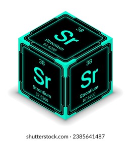 Strontium (Sr) (038) - Fundamental Element Futuristic Cybernetic Cube Block Isometric View, Icon Isolated White Background, Periodic Table, Chemical Symbol, Name, Atomic Mass, Atomic Number