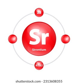 Strontium (Sr) Icon structure chemical element round shape circle light red with surround ring. 3D Illustration vector. Period number shows of energy levels of electron. Study science for education