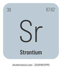 Strontium, Sr, periodic table element with name, symbol, atomic number and weight. Alkaline earth metal with various industrial uses, such as in certain types of glass, fireworks, and as a medication