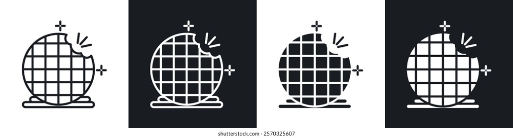 Stroopwafel cookies icons vectors set in black. line and flat versions