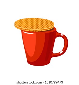 Stroopwafel and cup of hot beverage. Vector illustration cartoon flat icon isolated on white.