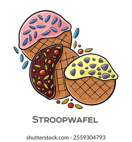 Stroopwafel is a traditional Dutch sweet treat consisting of two thin, crispy waffle layers filled with a rich, gooey caramel-like syrup (stroop) in the middle