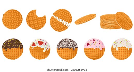 Stroopwafels Cookies Set. Süße holländische Bäckerei und Gebäck Desserts mit Sprinkles. Vektorgrafiken mit einzelnen Illustrationen von Waffeln mit Karamelll für Menüdesigns, Ausdrucke, Aufkleber