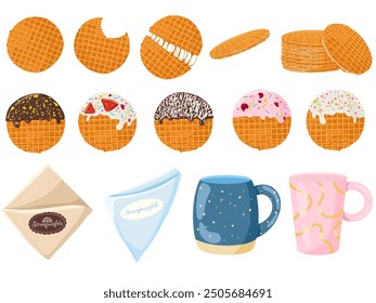 Stroopwafels cookies set. Sweet dutch bakery and pastry desserts with chocolate, vanilla and raspberries topping. Craft package, clay mugs. Vector isolated waffles illustrations for menu designs