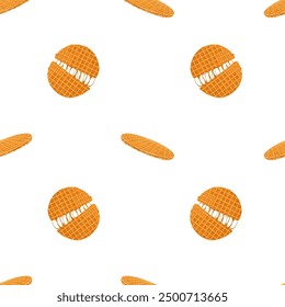 Stroopwafels seamless pattern. Dutch waffles with golden crispy textures and syrupy centers. Shattered waffle. Vector hand drawn design for packaging, textiles, and culinary-themed designs.