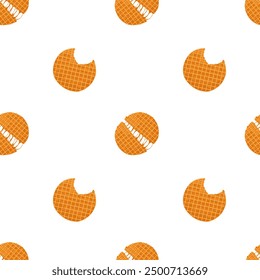 Stroopwafels seamless pattern. Dutch waffles with golden crispy textures and syrupy centers. Shattered waffle. Vector hand drawn design for packaging, textiles, and culinary-themed designs.