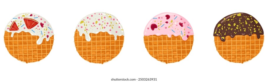 Stroopwafels set. Sweet dutch bakery and pastry desserts with chocolate, vanilla and raspberries topping. Vector isolated illustrations of holland waffles with caramel for menu designs, print, sticker