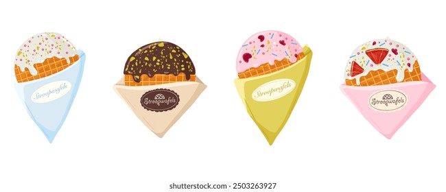 Stroopwafels set. Sweet traditional dutch street food in craft package. Holland desserts with chocolate, vanilla and raspberries flavor. Vector isolated illustrations of waffles with caramel for menu