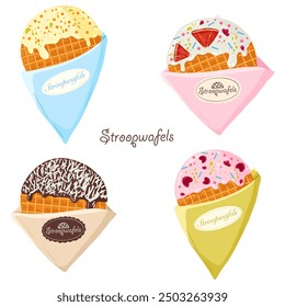 Stroopwafels set. Sweet traditional dutch street food in craft package. Holland desserts with chocolate, vanilla and raspberries flavor. Vector waffles with caramel for menu, prints, sticker