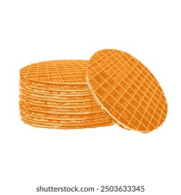 Stroopwafels stack. Sweet dutch bakery and pastry dessert with caramel topping. Vector isolated hand drawn illustration of traditional holland waffle for menu designs, prints, stickers