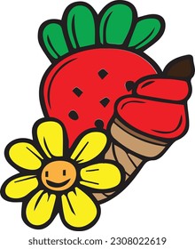 Strowbery fruit and ice cream and sunflower, 2d graphic vector illustration.