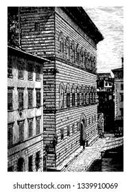 Strozzi Palace at Florence the back of the Strozzi Place dressed blocks with a less decided projection more elegant appearance vintage line drawing or engraving illustration.