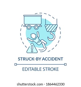 Struck by accident concept icon. Work related injuries. High risk things on working place. Hit by big machine idea thin line illustration. Vector isolated outline RGB color drawing. Editable stroke