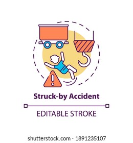 Struck by accident concept icon. Work related injuries. Dangerous things on working place. Hit by big machine idea thin line illustration. Vector isolated outline RGB color drawing. Editable stroke