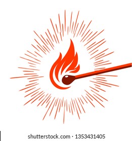 struck wood stick match lighted red flame on white background ignited with graphic luminous red lines