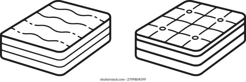 A structural bedding manufacturing line icon set showing folded layers of tufted mattress pads and ergonomic foam blocks.
Captures mattress factory processing standards, high-density insulation materials, and thermal fabric weave compositions.
Great for interior textile trade catalogs, posture support product technical specifications, and bedroom wholesale store portals.