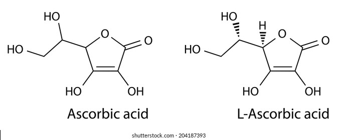 Structural chemical formula of ascorbic acid, vector, 2d illustration, isolated on white