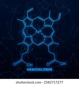 Structural chemical formula of hemoglobin molecule on dark blue background