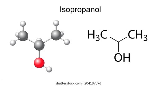 Structural chemical formula of isopropanol molecule, 2d and 3d illustration, isolated on white background, vector, eps 8