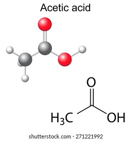 Structural chemical formula and model of acetic acid molecule, 2d and 3d illustration, isolated, vector, eps 8