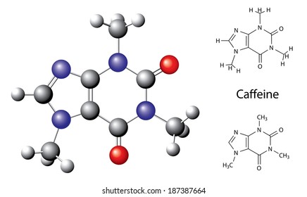 Structural chemical formula and model of caffeine molecule, ball and stock, 3d illustration, vector, isolated on white background