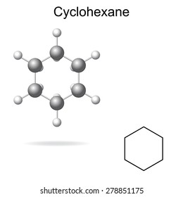 Structural chemical formula and model of cyclohexane molecule, 2d and 3d illustration, isolated, vector, eps 8