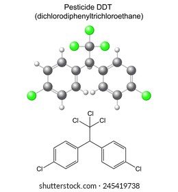 Structural chemical formula and model of DDT pesticide, 2d & 3d illustration, vector, eps8