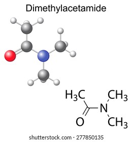 Structural chemical formula and model of dimethylacetamide molecule, 2d and 3d illustration, isolated, vector, eps 8