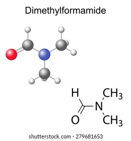 Structural chemical formula and model of dimethylformamide molecule, 2d and 3d illustration, isolated, vector, eps 8