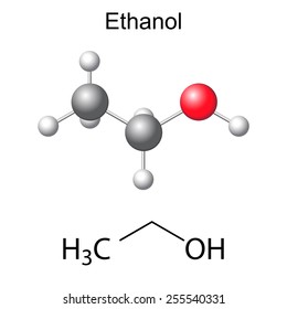 Structural chemical formula and model of ethanol molecule, 2d and 3d illustration, isolated, vector, eps 8