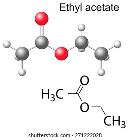 Structural chemical formula and model of ethyl acetate molecule, 2d and 3d illustration, isolated, vector, eps 8