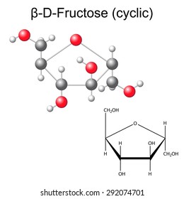 Structural chemical formula and model of fructose - beta-D-fructose, 2D and 3D illustration, vector, isolated on white background, eps 8