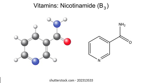 Structural chemical formula and model of niacin - nicotinic acid, b3 vitamin, 2d and 3d illustration, isolated on white background, vector, eps 8