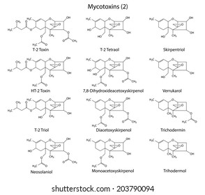 Structural Chemical Formulas Of A-type Mycotoxins, 2d Illustration,  Isolated On White Background, Vector, Eps 8