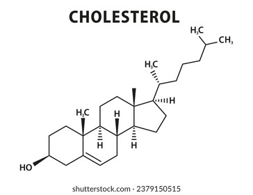 Strukturelle chemische Formeln des Cholesterolmoleküls. Skelettformel. Stimulantermolekül. Einzeln auf weißem Hintergrund. Vektorgrafik