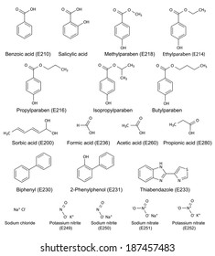 Structural chemical formulas of food and cosmetic preservatives (parabens, sorbic, benzoic, salicylic, formic, acetic, propionic acids, biphenyl, o-phenylphenol, thiabendazole,  nitrites and nitrates)