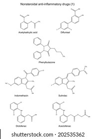 Structural chemical formulas of group antiinflammatory drugs: diclofenac, aceclofenac, sulindac, indomethacin, phenylbutazone, diflunisal, acetylsalicylic acid, isolated  on white, vector, eps 8
