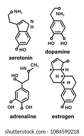 Structural chemical formulas of hormones-adrenaline, serotonin, dopamine, estrogen. Stock vector.