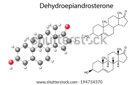 Structural chemical formulas and model of dehydroepiandrosterone molecule, 2D and 3D Illustration, vector, isolated on white background, eps8