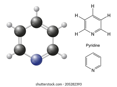Structural chemical formulas and model of pyridine molecule, 2d & 3d Illustration, isolated on white background, balls & sticks, vector, eps 10