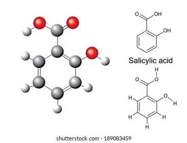 Structural chemical formulas and model of salicylic acid, ball and stick, 3d illustration, vector, isolated on white background