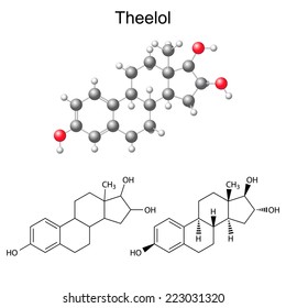 Structural chemical formulas and model of theelol molecule - female sex hormone, 2D & 3D Illustration,  isolated on white background, vector, eps8