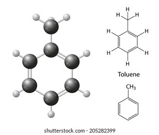Structural chemical formulas and model of toluene molecule, 2d & 3d Illustration, isolated on white background, balls & sticks, vector, eps 10
