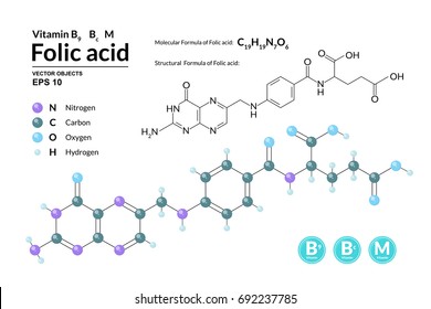 Fórmula molecular química estructural y modelo de ácido fólico. Los átomos se representan como esferas con códigos de color aislados en el fondo. 2d, 3d de visualización y fórmula esquelética. Ilustración del vector