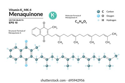 Structural chemical molecular formula and model of Menaquinone-4. Atoms are represented as spheres with color coding isolated on background. 2d, 3d visualization. Skeletal formula. Vector illustration