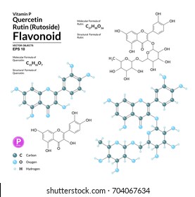 Structural chemical molecular formula and model of Rutin and Quercetin. Atoms are represented as spheres with color coding. 2d, 3d visualization and skeletal formula. Vector illustration