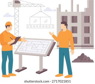 Structural Design Review concept, Site Meeting for Building Development vector design, construction workers banner, Skilled labor scene, Civil Engineering Works stock illustration